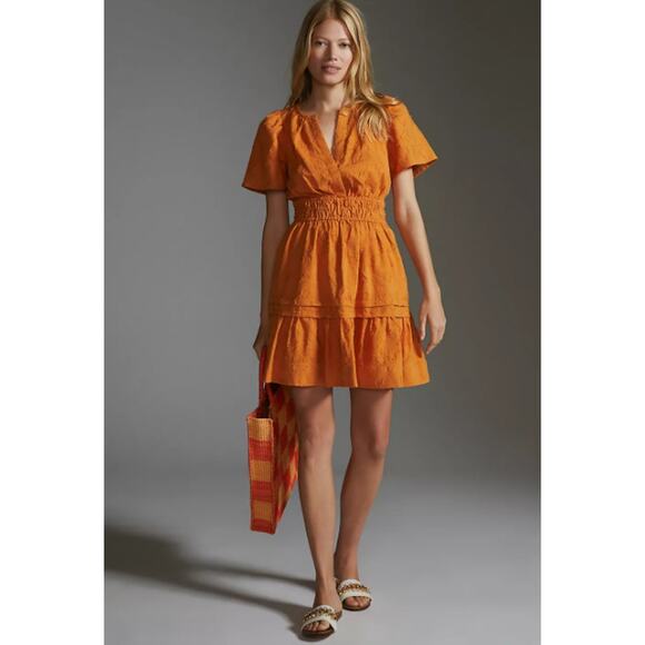 Anthropologie Dress 2X The Somerset Mini Orange Embroidered Boho Chic Feminine - Picture 1 of 15
